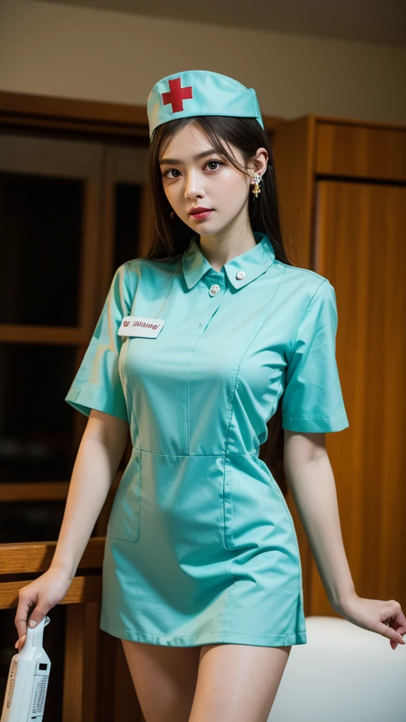 masterpiece, best quality, 1girl, solo, standing, holding deagle, deagle, terrarianurse, green eyes, earrings, nurse cap, nurse, ImAHealerButMeme,