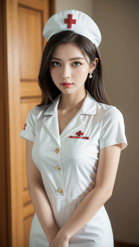 masterpiece, best quality, 1girl, solo, standing, holding deagle, deagle, terrarianurse, green eyes, earrings, nurse cap, nurse, ImAHealerButMeme,