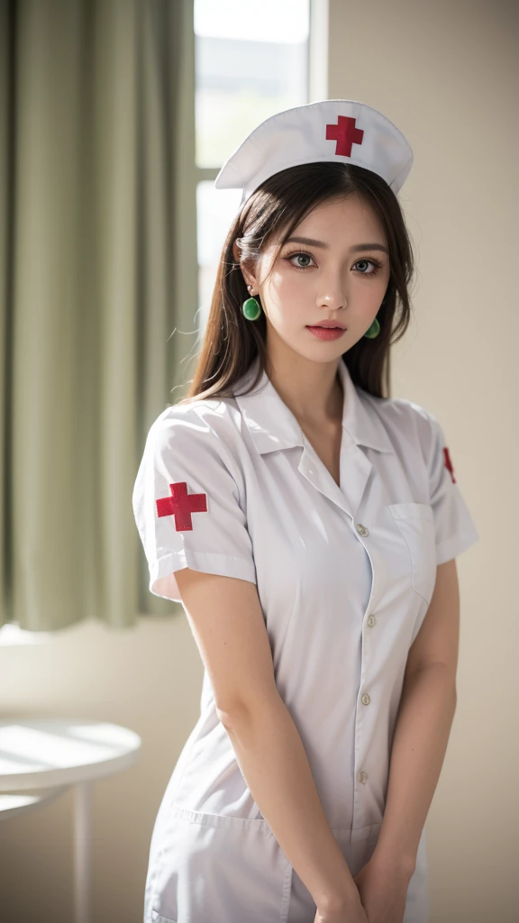 masterpiece, best quality, 1girl, solo, standing, holding deagle, deagle, terrarianurse, green eyes, earrings, nurse cap, nurse, ImAHealerButMeme,