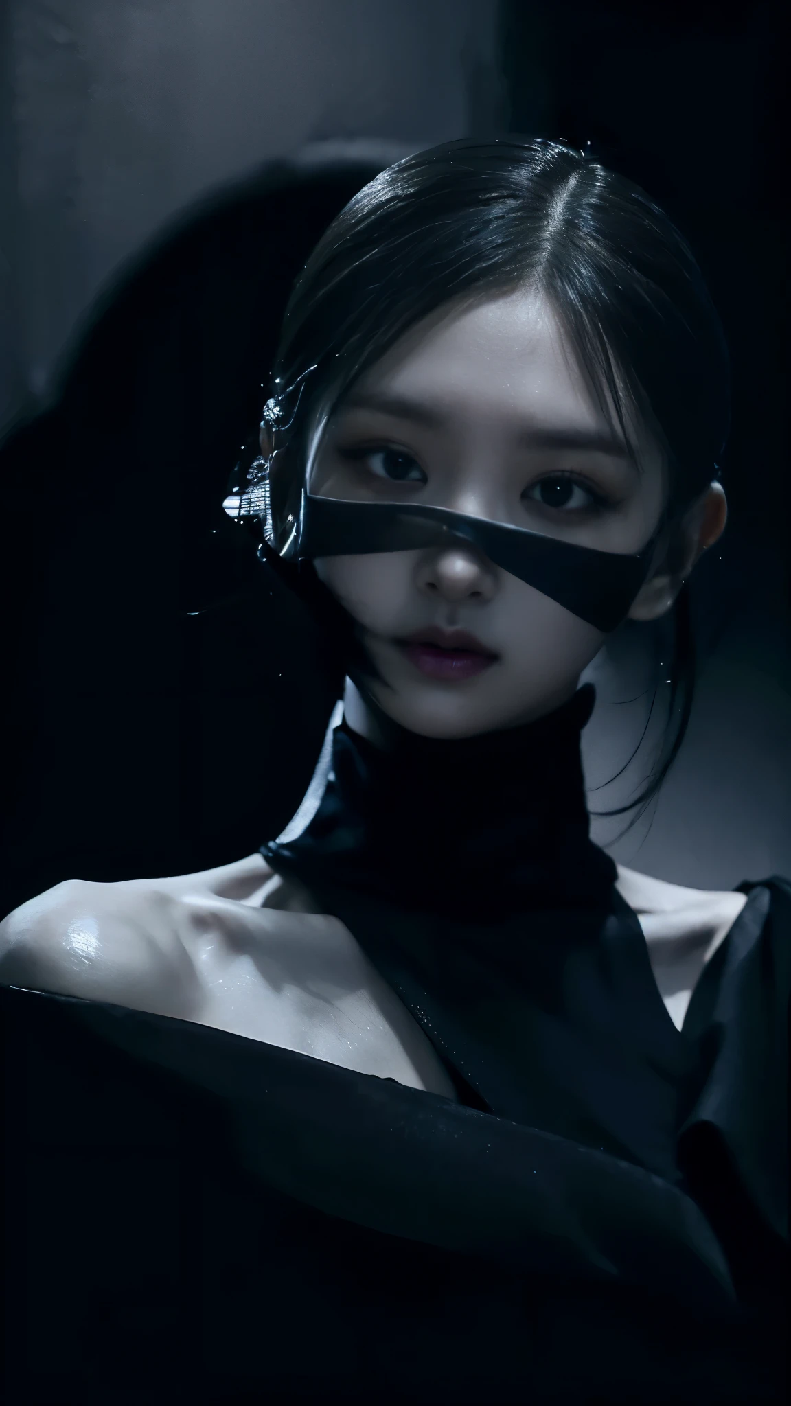 (best quality, highres:1.2), realistic, black dress, black hair, dark theme, black background, dark ninja, intense gaze, elegant posture, flowing dress, detailed facial features, long eyelashes, contrast, fine details, dramatic atmosphere, gothic style, intense emotions, monochrome color palette, captivating setting, haunting beauty, artistic photography, everything is black
