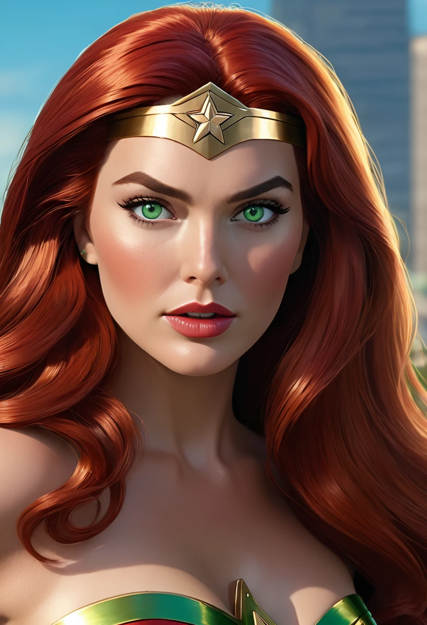 A beautiful sexy Red hair, green-eyed classic 70s Wonder Woman (detailed realistic,4k,highres,masterpiece:1.2), (Straight hair)