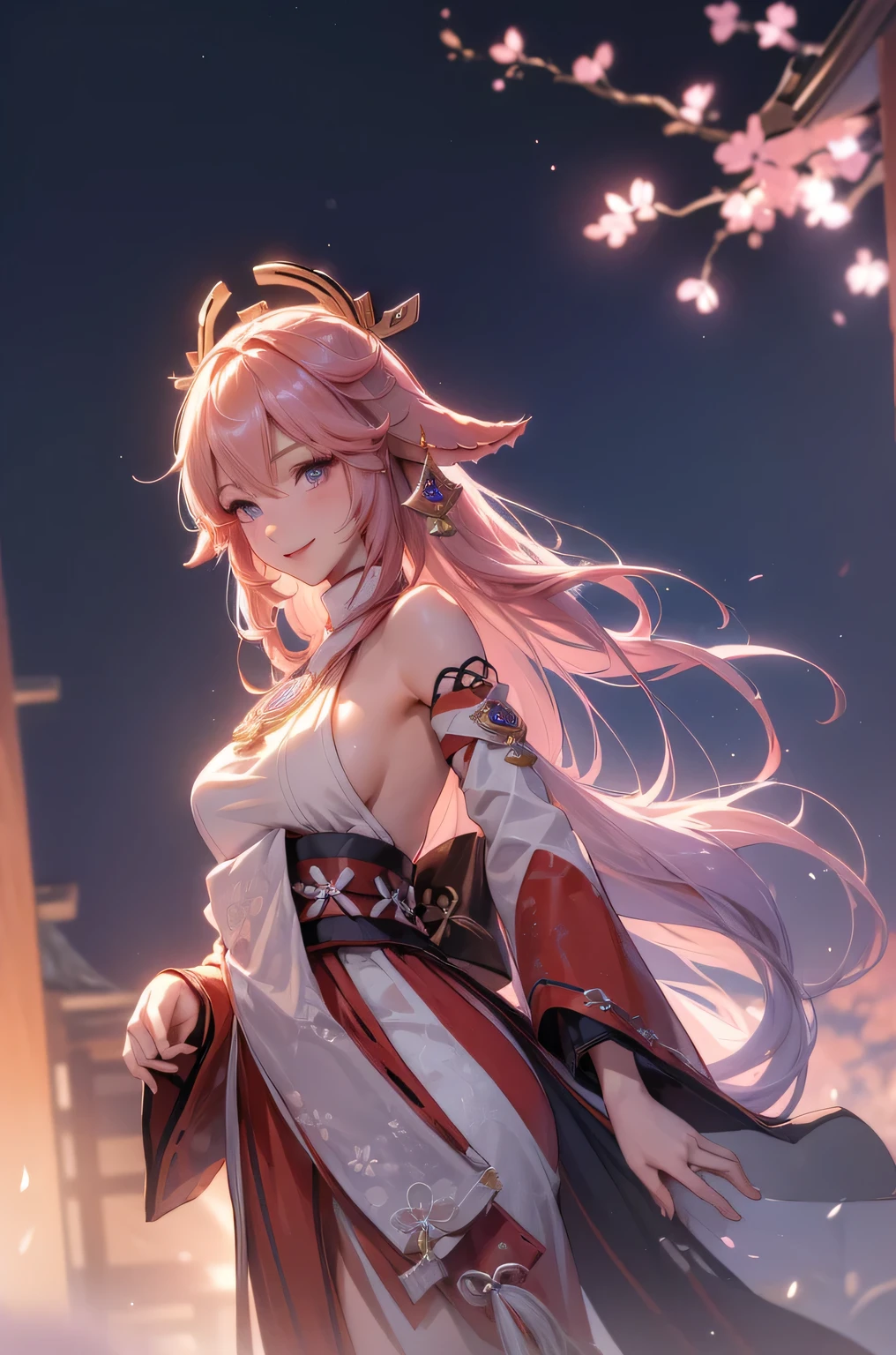 ((yaemikodef)):1.5, ((masterpiece,Highest quality,Highly detailed images,Beautiful images、Dutch Angle)), (Before the Lightning、Close-up image of yaemiko、Overall dim lighting、Backlight、Strong backlighting、Fantastic dark atmosphere、Thick Fog、Dust flutters),(Dynamic pose)1.2, sideboob
