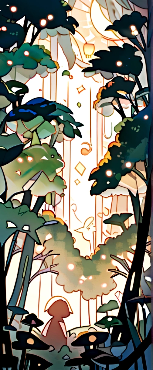 "White background, funny paper cut style, mother Nature, soft lighting, abundant foliage." Bright glow with stars and moon effect