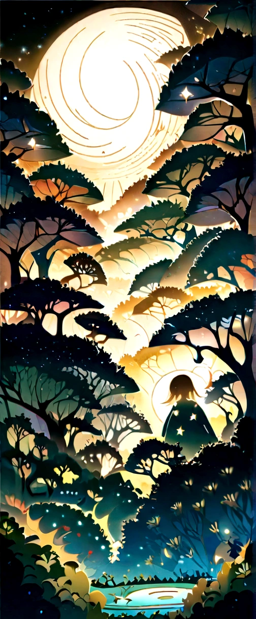 "White background, funny paper cut style, mother Nature, soft lighting, abundant foliage." Bright glow with stars and moon effect