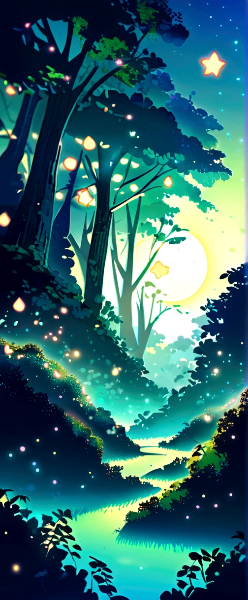 "White background, funny paper cut style, mother Nature, soft lighting, abundant foliage." Bright glow with stars and moon effect