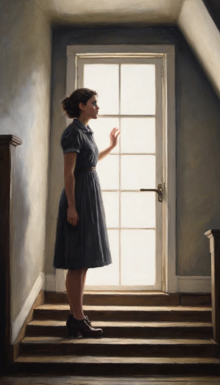 Emily standing at the base of the attic stairs, looking up nervously. The attic door is slightly ajar, with darkness seeping out. Her hand is gripping the banister tightly, knuckles white.