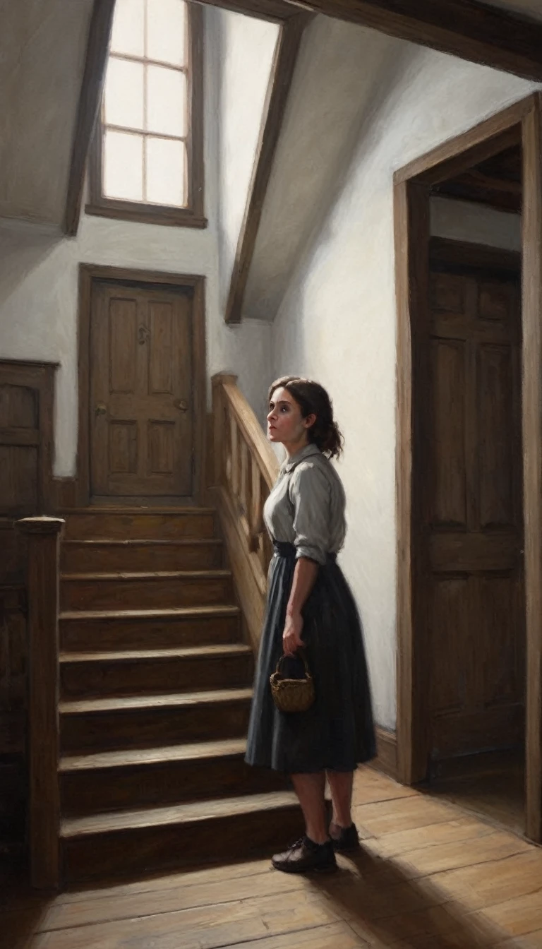 Emily standing at the base of the attic stairs, looking up nervously. The attic door is slightly ajar, with darkness seeping out. Her hand is gripping the banister tightly, knuckles white.