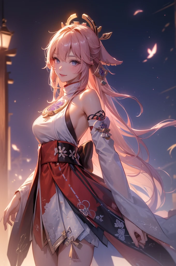 ((yaemikodef)):1.5, ((masterpiece,Highest quality,Highly detailed images,Beautiful images、Dutch Angle)), (Image of yaemiko smiling in front of lightning、Overall dim lighting、Backlight、Fantastic dark atmosphere、Thick Fog、Dust flutters),(Dynamic pose)1.2, sideboob

