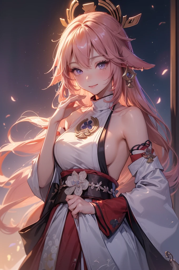 ((yaemikodef)):1.5, ((masterpiece,Highest quality,Highly detailed images,Beautiful images、Dutch Angle)), (Image of yaemiko smiling in front of lightning、Overall dim lighting、Backlight、Fantastic dark atmosphere、Thick Fog、Dust flutters),(Dynamic pose)1.2, sideboob