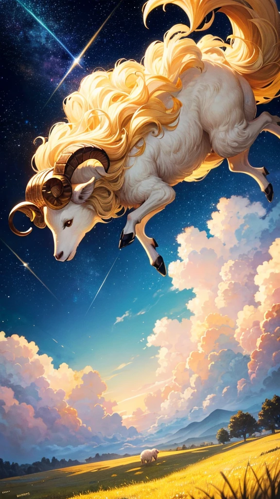 A golden sheep runs through a pasture of clouds under a beautiful starry sky