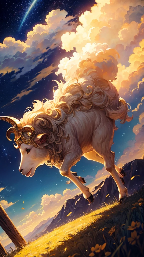 A golden sheep runs through a pasture of clouds under a beautiful starry sky