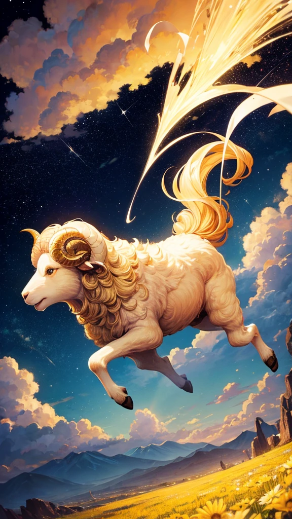 A golden sheep runs through a pasture of clouds under a beautiful starry sky