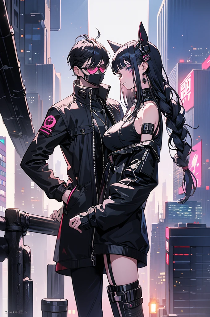 Highest quality, masterpiece, Ultra-high resolution,A man and a woman standing on top of a building overlooking the city at night,Neon Town, cyber punk vibe, cyber punk art style, cyber punk vibes, digital cyber punk - anime art, cyber punk themed art, cyber punk anime art, digital cyber punk anime art, in cyber punk style, cyber punk artstyle, has cyber punk style, anime cyber punk art, in cyber punk city, cyber punk art, cyber punk))), cyber punk style, style of cyber punk