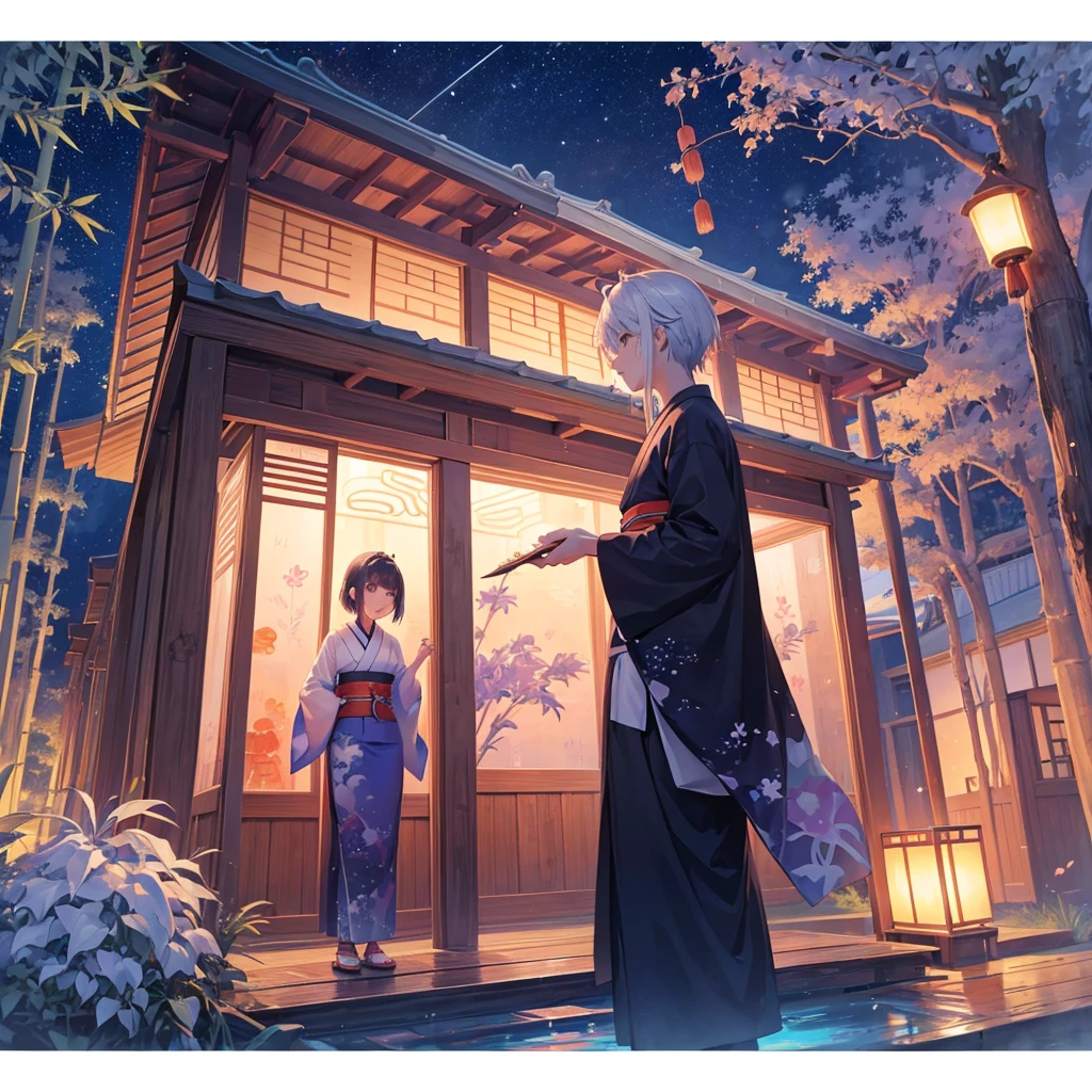 Tanabata in the night sky Girls and men in Chinese style kimonos(lover) Bamboo forest and paper strips Have shaved ice restaurant Multiple display monitors in the background(anime ) Aquarium(Goldfish)