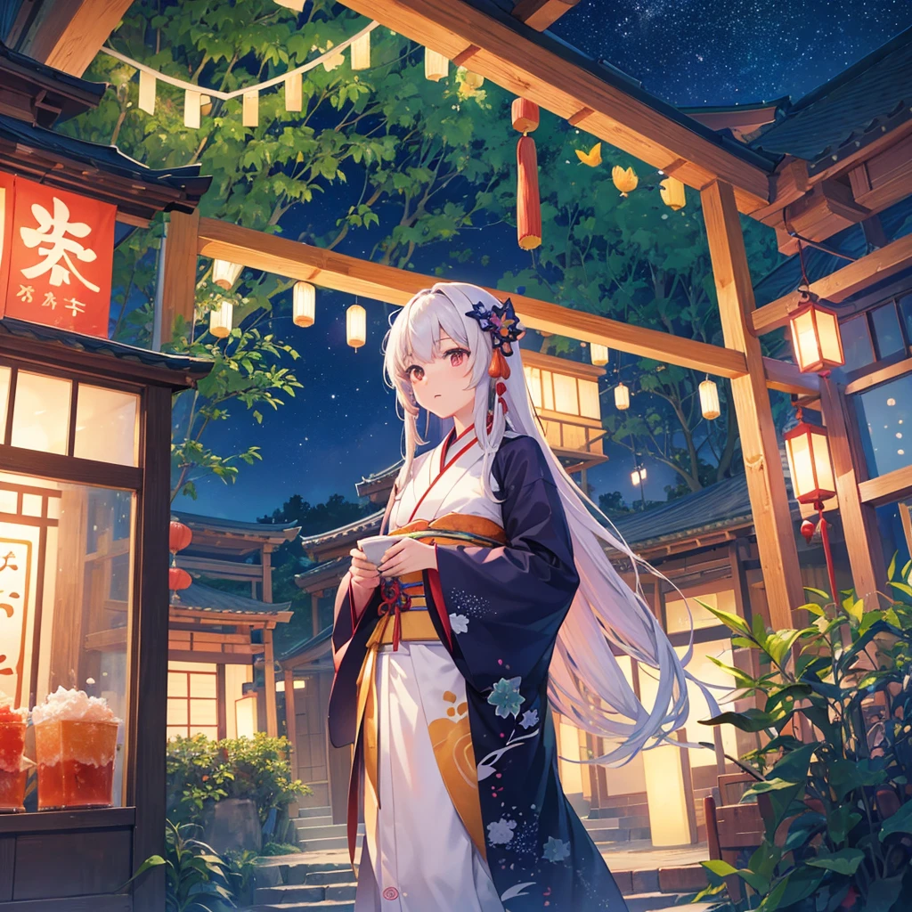 Tanabata in the night sky Girls and men in Chinese style kimonos(lover) Bamboo forest and paper strips Have shaved ice restaurant Multiple display monitors in the background(anime ) Aquarium(Goldfish)