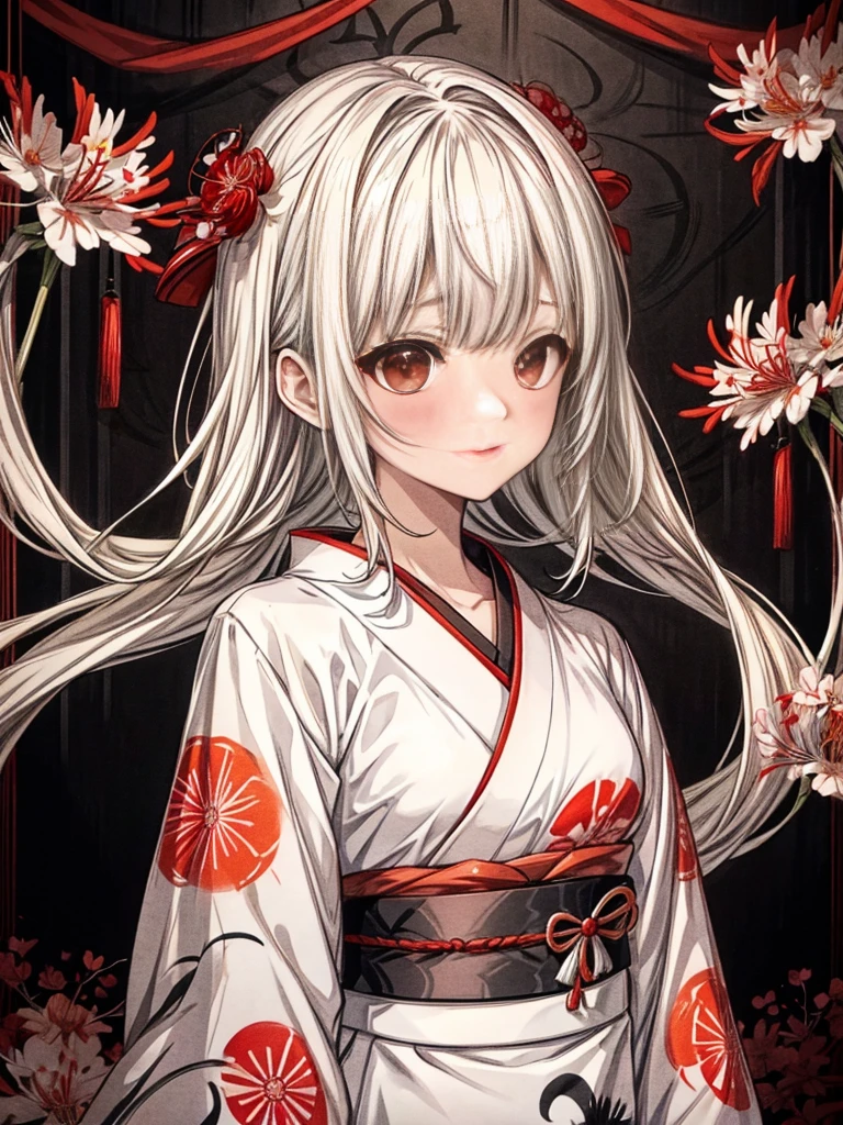 A girl in a kimono standing with a Japanese sword, White medium hair, Red eyes, Red lips, Kimono with red spider lilies on a black background, Red splash pattern on a black background, super high quality, Ultra-fine detail, Ultra-thin kimono pattern,Japanese geometric pattern background、