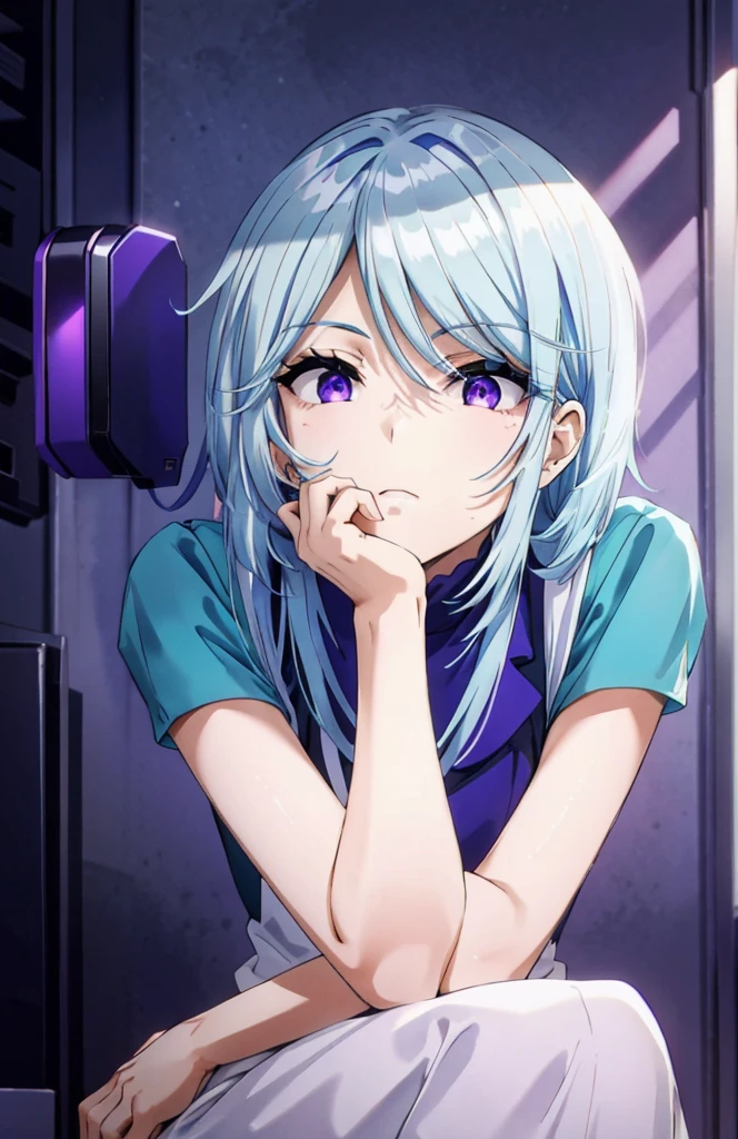 blue hair,purple eyes,disqusted