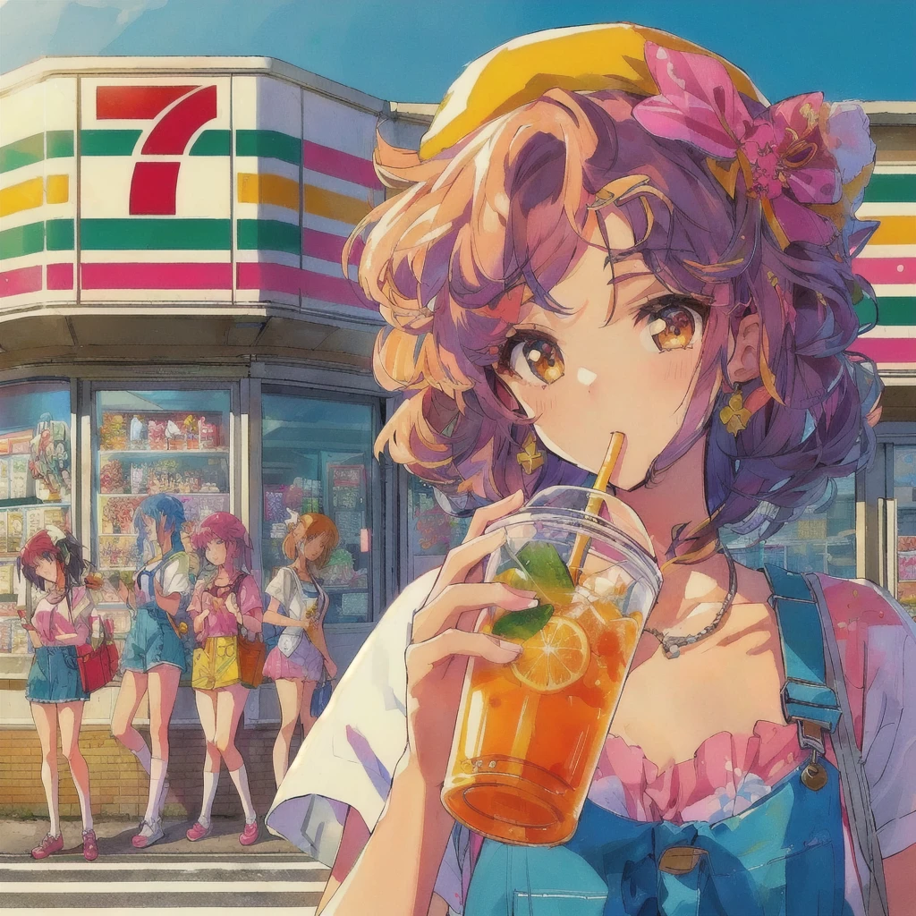 Anime girl drinking a drink outside a convenience store,Seven-Eleven,7-11,Soda themed girl, Anime girl drinking juice, 80s anime style,Lofi, 4k anime wallpaper, Lo-fi Girl, artwork in the style of Gwaiz, 4K Manga Wallpapers, Cute girl anime visuals, anime wallpaper 4k, anime wallpaper 4k, Gwaiz
