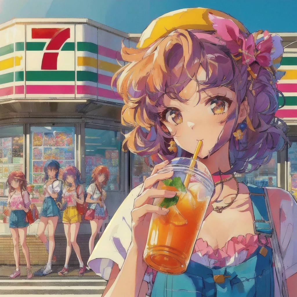 Anime girl drinking a drink outside a convenience store,Seven-Eleven,7-11,Soda themed girl, Anime girl drinking juice, 80s anime style,Lofi, 4k anime wallpaper, Lo-fi Girl, artwork in the style of Gwaiz, 4K Manga Wallpapers, Cute girl anime visuals, anime wallpaper 4k, anime wallpaper 4k, Gwaiz