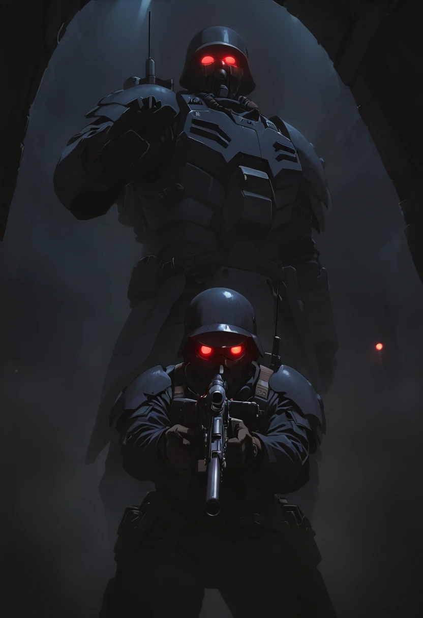 jin-roh!,1 boy,glowing,cowboy shot,strong,round eyes,backpack,no pupils,radio antenna,red eyes,dark,low-key,night,shadow,
sewer,walking,holding gun,heavy machine gun,from below,aiming at viewer,close-up,, cinematic light,masterpiece,best quality,very aesthetic,absurdres,incredibly absurdres,explit,NSFW,