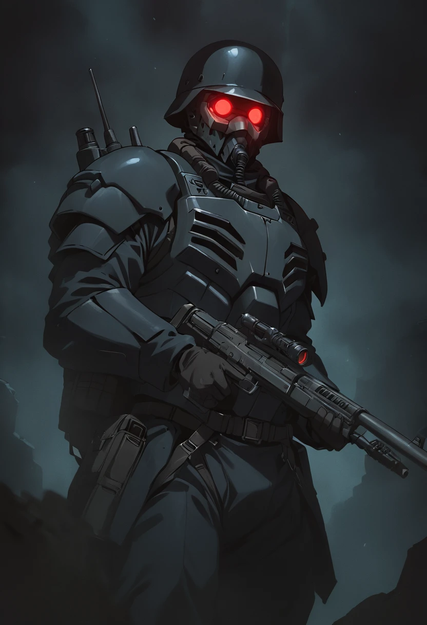 jin-roh!,1 boy,glowing,cowboy shot,strong,round eyes,backpack,no pupils,radio antenna,red eyes,dark,low-key,night,shadow,
sewer,walking,holding gun,heavy machine gun,from below,aiming at viewer,close-up,, cinematic light,masterpiece,best quality,very aesthetic,absurdres,incredibly absurdres,explit,NSFW,