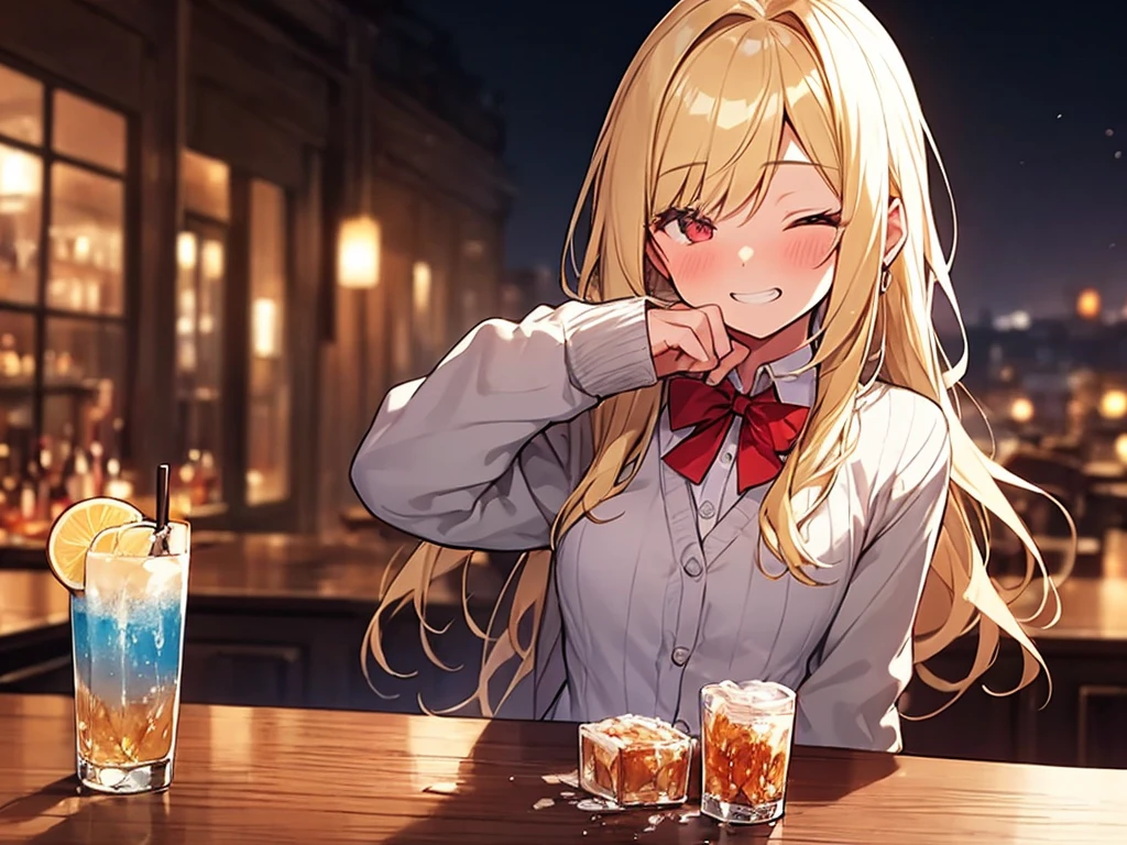 masterpiece, Highest quality, (1 beautiful girl :1.2), blonde, Straight hair, Fishtail Braid, 24-years-old, Medium chest, Standard weight, cardigan, Grin:1.3, Red nose :1.1, Drunk, close your eyes, Beautiful scenery in the bar, Blurred Background, Amazing panoramic views, Drinking alcohol, close