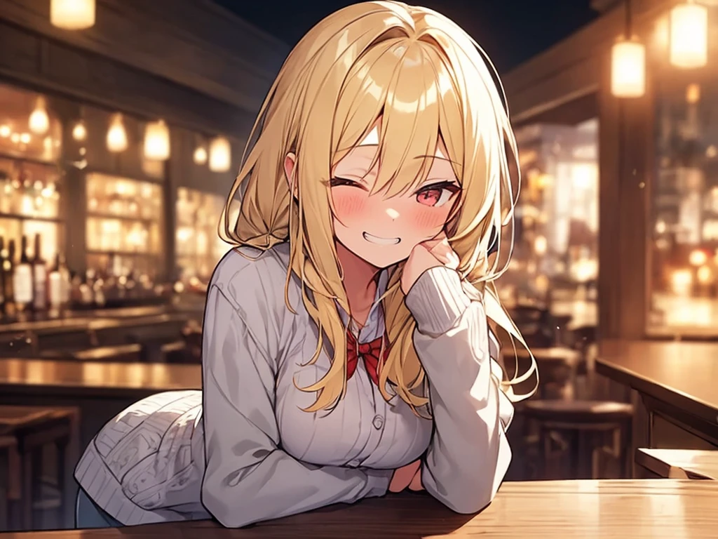 masterpiece, Highest quality, (1 beautiful girl :1.2), blonde, Straight hair, Fishtail Braid, 24-years-old, Medium chest, Standard weight, cardigan, Grin:1.3, Red nose :1.1, Drunk, close your eyes, Beautiful scenery in the bar, Blurred Background, Amazing panoramic views, Drinking alcohol, close