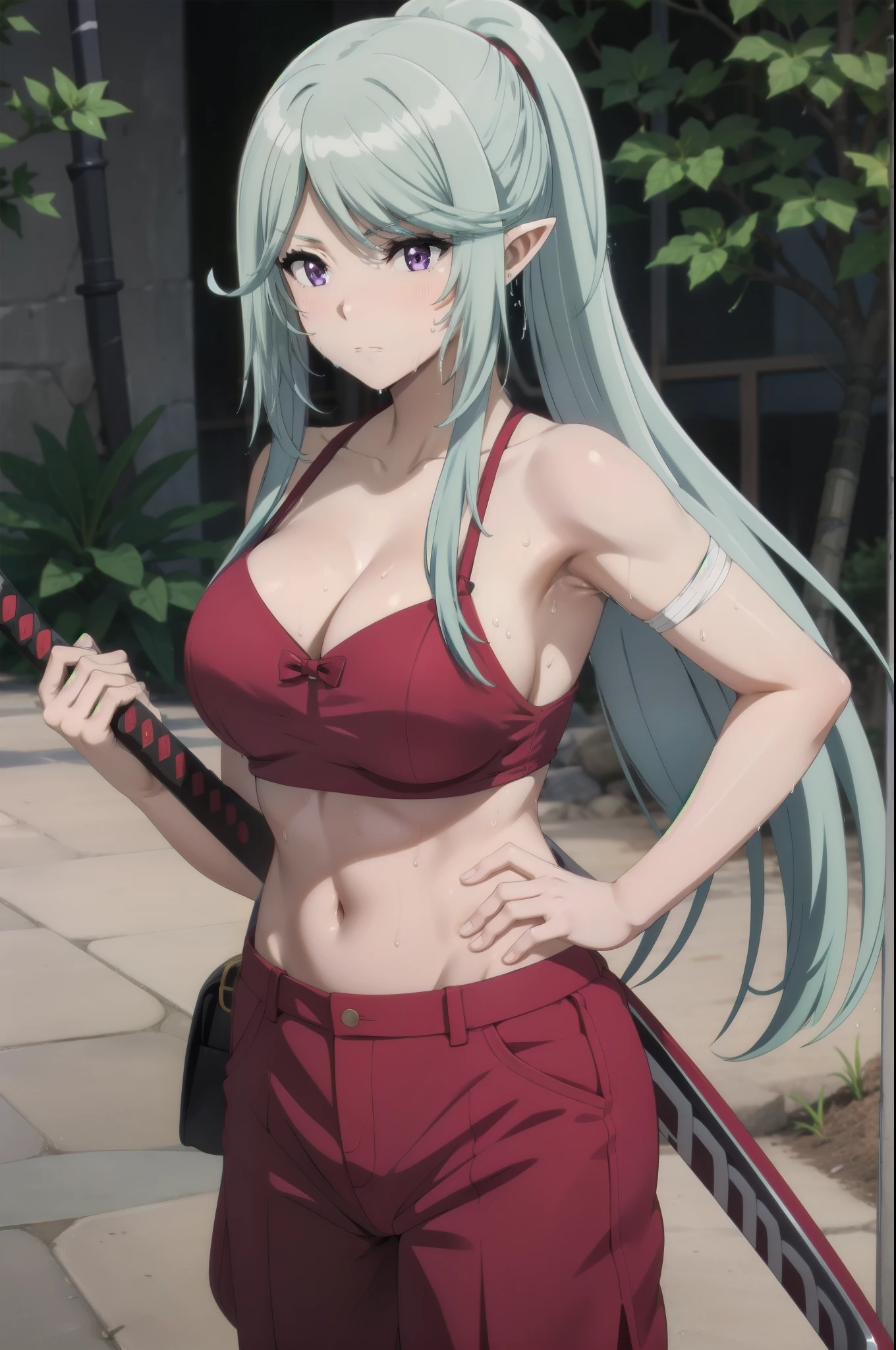 masterpiece, best quality, highres, fairy tail, 1girl, long hair, ponytail, white ribbon,blue hair,,long hair,purple eyes,pointy ears,elf,, large breasts, collarbone, chest sarashi, bandage, bare arms, midriff, red hakama, red pants, standing, holding weapon, sword, katana, outdoors, muscular female, sweating, wet, steaming body,