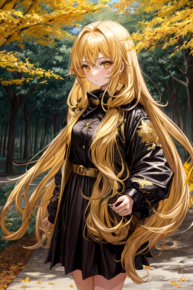 One girl, medium , long golden hair, standing in park, golden eyes, sexy,