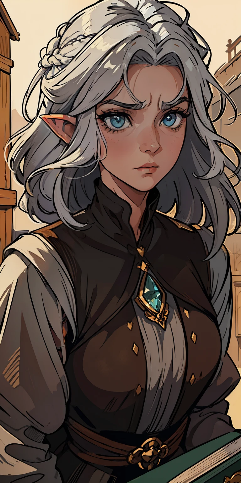 Uma bela mulher de olhos verdes e cabelos castanhos longo ondulado (white hair) (Detailed strokes) Pointy ears, mature, Princess eyes Sexy curvy eyelashes A wooden wall background with bookcases Expressive drama with a sad look of concern An art for an RPG A medieval art for an RPG ((cabelo comprido) ((cabelo longo))