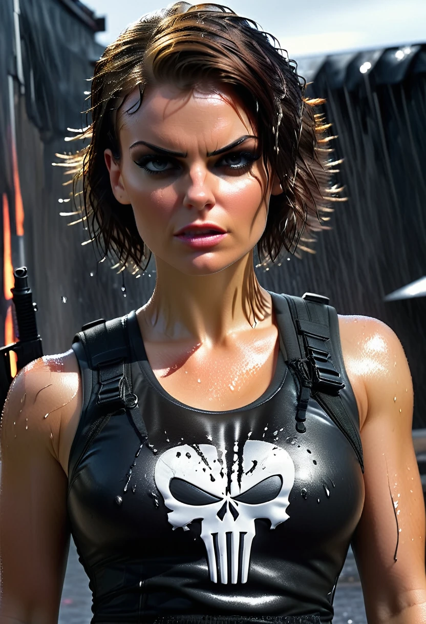 realistic, (ohwx), Lauren Cohan as Punisher, Punisher outfit, female Bulletproof vest, wet and sweaty hair, combed back,a few strands falling on her face, face painted black around the eyes, shoulderless crop top, women's bulletproof vest, gray spray-painted Punisher logo on the vest, slightly worn and worn, dirty, injured, wiem clothes, angry, revenge, dynamic pose, militarny Black trousers, militarny high shous, Black makeup around eyes, dark photo, dangerous and sexy, military knives, guns, automatic rifle, dark scenery and background, imersive background, raw photo, 8k, very detailed, cinematic
