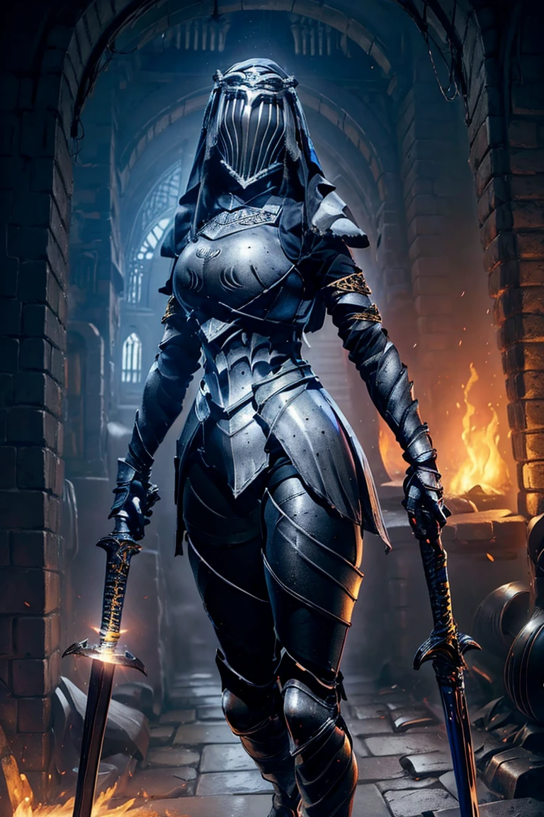 Browsing Caution, 1 girl, alone, 8K, Highest quality, artwork, Ultra-high resolution, Realist, Cinematic, Full body viewer, Full Armor, ladder, talk, knight, Twin Swords, pantyhose, Bluevale, hair ornaments, big , Thick thighs, The ultimate beautiful lady knight, Sexy lady knight, name