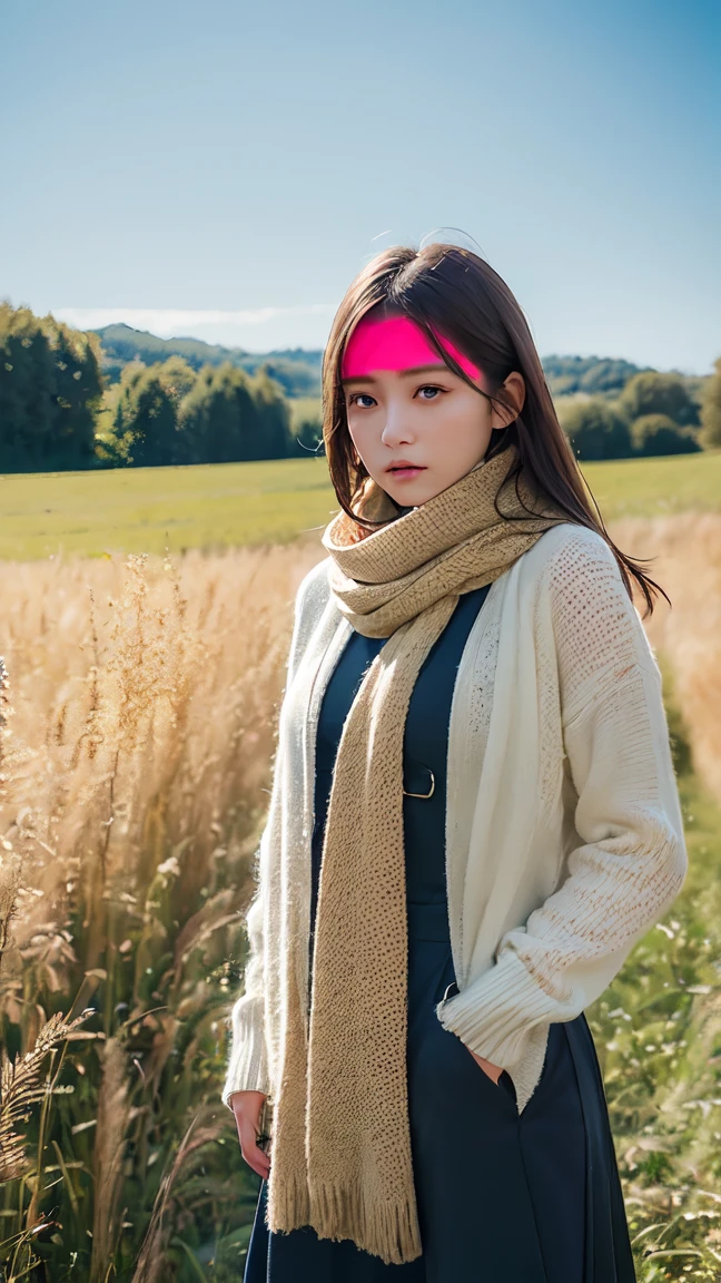 8K, Highest quality, masterpiece, Realistic, Super detailed, photo Realistic, Improvement of quality, Photo of a girl standing in a field wearing a scarf, The designer's dark and gloomy style, Large chunk, Photobash, Calm face, Jagged Edges, navy, Natural Beauty, Close-up shot