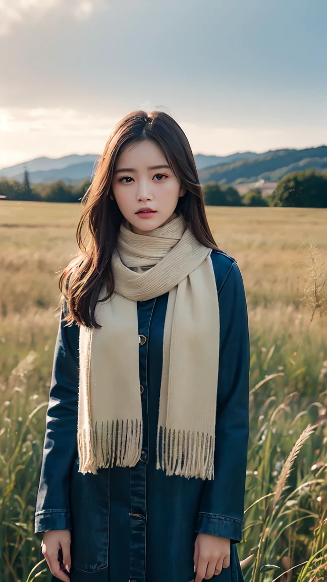 8K, Highest quality, masterpiece, Realistic, Super detailed, photo Realistic, Improvement of quality, Photo of a girl standing in a field wearing a scarf, The designer&#39;s dark and gloomy style, Large chunk, Photobash, Calm face, Jagged Edges, navy, Natural Beauty, Close-up shot