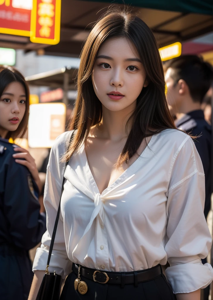 (masterpiece:1.4), (Highest quality:1.2),(Realistic:1.4), (Very complicated:1.2),(Sharp focus), born, Super super realistic, (High resolution), 8K UHD, (Exquisitely detailed), (Dramatic light), (Beautiful delicate light), (Ultra Color), (Perfect Anatomy), Highest quality, 超High resolution, A lively night market. Female police officer, Carry snacks, And her face is full of joy and satisfaction、Huge 、Golden Hair