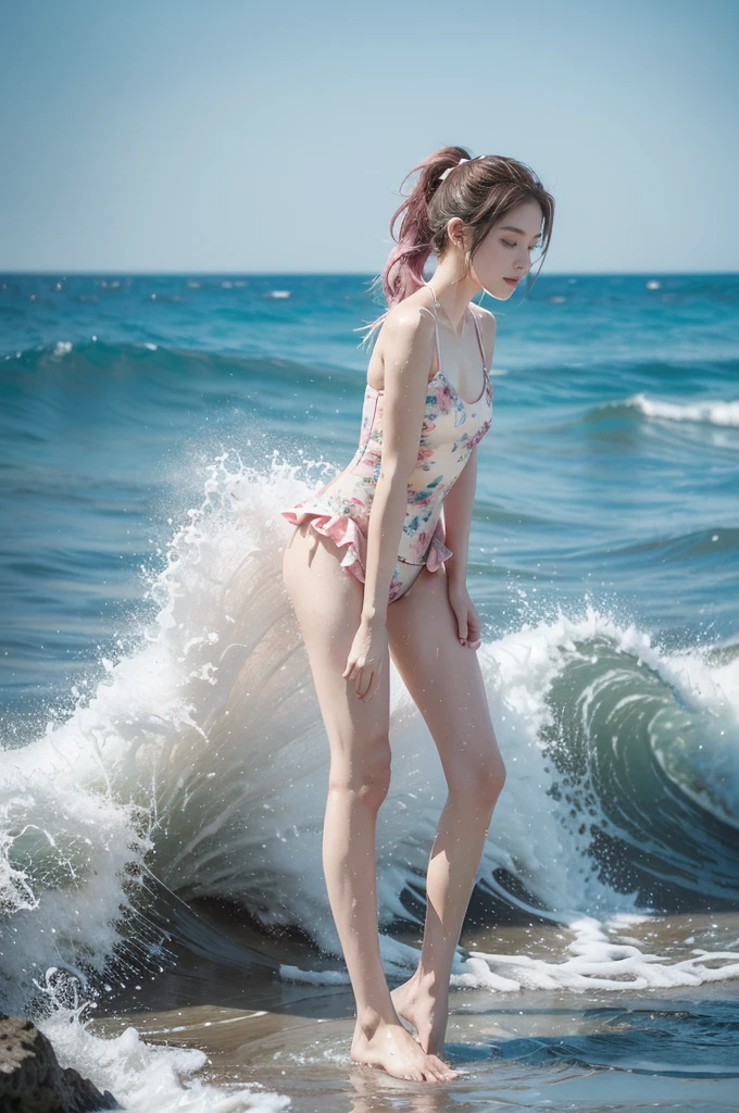 (((best quality))), (((ultra detailed))), (((masterpiece))), illustration,((1 beautiful young girl,solo)),((slim,thin)),(vibrant pink floral swimsuit:1.3),((small breasts,flat chest)),(short ponytail:1.2),((shiny skin,sweat,wet)),(slender legs:1.2),seaside, summer, joyful, playful, physical features, smooth fair skin, gentle sea breeze, endless azure sky, picturesque backdrop, whiteness of sand, deep blues of the sea, waves crashing, internal turmoil, transformation,on the cusp of womanhood, confidence, sexuality, metaphorical plunge, next chapter of life,significance of the moment, beauty of the seaside, celebration of youth, excitement of summer ahead,(standing:1.3),(from front:1.3),(full body:1.2)