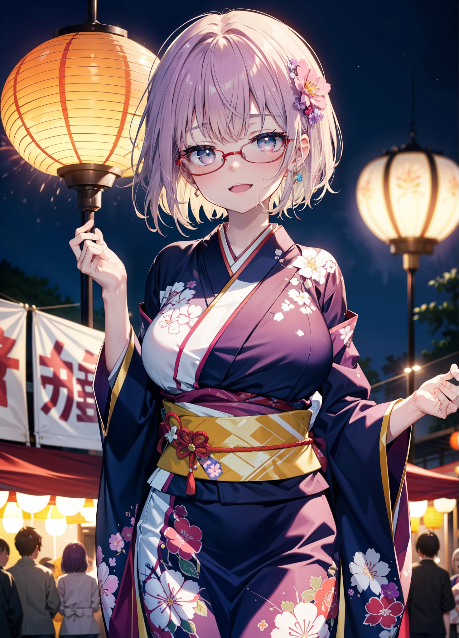 akaneshinjou, shinjou akane, Light purple hair, (Pink Eyes:1.2), happy smiles, Flower Hair Ornaments,smile, Open your mouth,short hair,Red-rimmed glasses,Big Breasts,Purple kimono,Long skirt,Thick sleeves,Japanese Festivals,Summer festival food stalls,Red Lantern,firework,場所はfirework大会、Time is night,Are standing,whole bodyがイラストの中に入っていくように,
break looking at viewer, whole body, break indoors, room, break (masterpiece:1.2), Highest quality, High resolution, unity 8k wallpaper, (shape:0.8), (Beautiful and beautiful eyes:1.6), Highly detailed face, Perfect lighting, Extremely detailed CG, (Perfect hands, Perfect Anatomy),