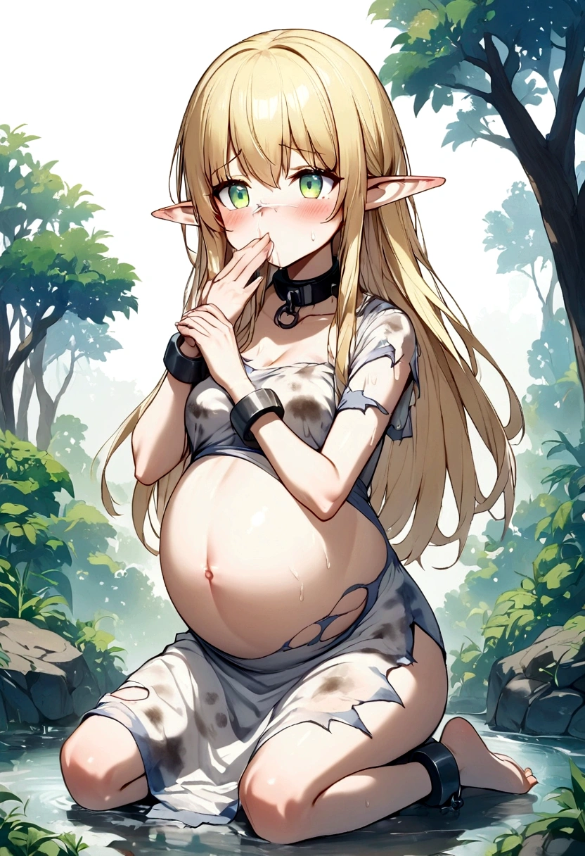 Anime. 1girl. Elf. Slave. Pregnant. Barren pregnancy. Slave collar. Shackles. Dirty tunic. Torn tunic. Blonde. Long hair. Green eyes. Beautiful eyes. Pointy ears. Cold. Runny nose. Sneeze. Sneezes. Snot flows from the nose. Covers his nose with his hands. Snot runs from the nose to the palms after sneezing. Contractions. Waste water Loss of amniotic fluid after sneezing. Full body. Forest.