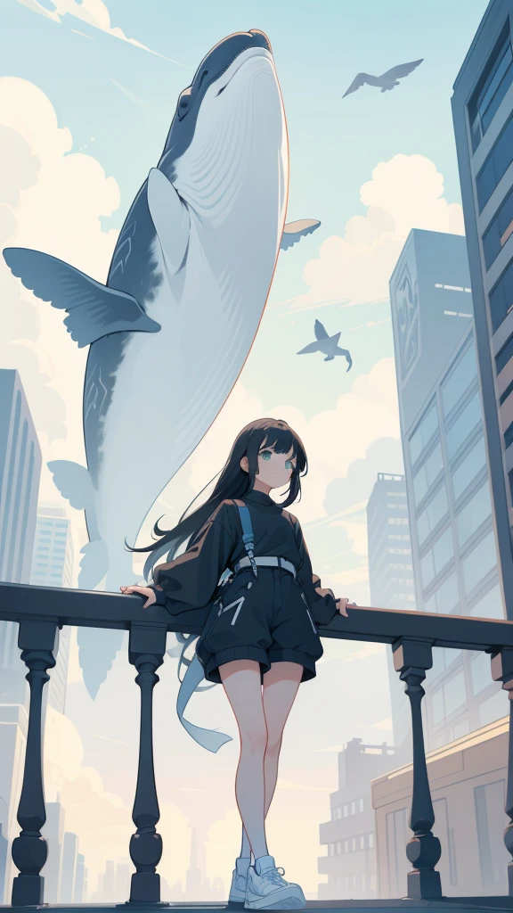 masterpiece, Exquisite detail,Highest quality, One girl, alone, handrail, cloud, Looking up at the buildings,Long Hair, NULL, Long sleeve, sneakers, Power lines, White footwear, Black Hair, View your viewers, Electric pole, bangs, cloudy NULL, fish, bird, Green Eyes, Shorts, Day, Black Shirt, barefoot,Whale flying in the sky,Giant whale