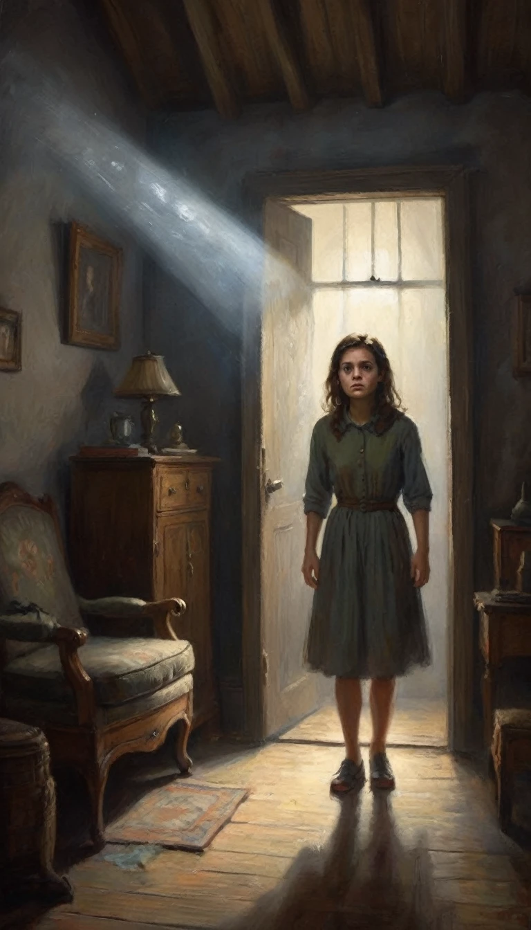 Emily slowly opening the attic door wider, her face illuminated by a flashlight. The beam of light reveals dusty old furniture and cobwebs, with an ominous shadow in the far corner.