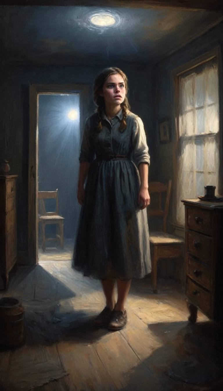 Emily slowly opening the attic door wider, her face illuminated by a flashlight. The beam of light reveals dusty old furniture and cobwebs, with an ominous shadow in the far corner.