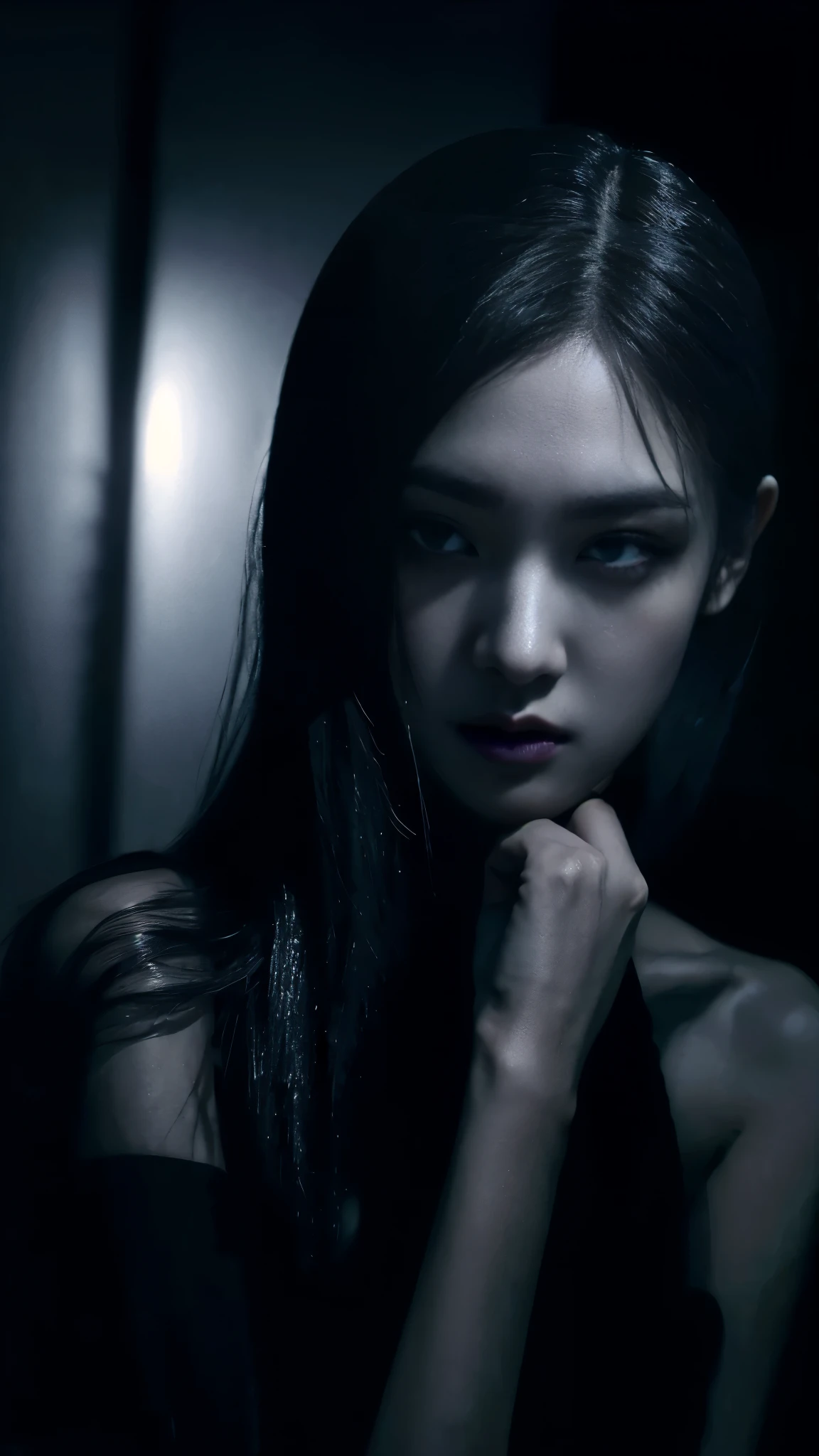 (best quality, highres:1.2), realistic, black dress, black hair, dark theme, black background, dark ninja, intense gaze, elegant posture, flowing dress, detailed facial features, long eyelashes, contrast, fine details, dramatic atmosphere, gothic style, intense emotions, monochrome color palette, captivating setting, haunting beauty, artistic photography, everything is black