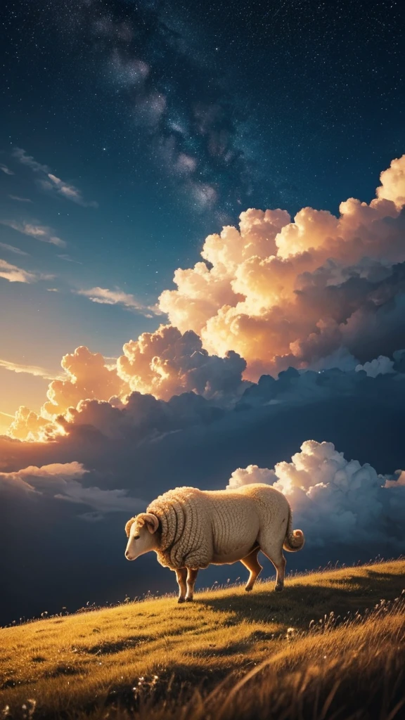 A golden sheep runs through a pasture of clouds under a beautiful starry sky