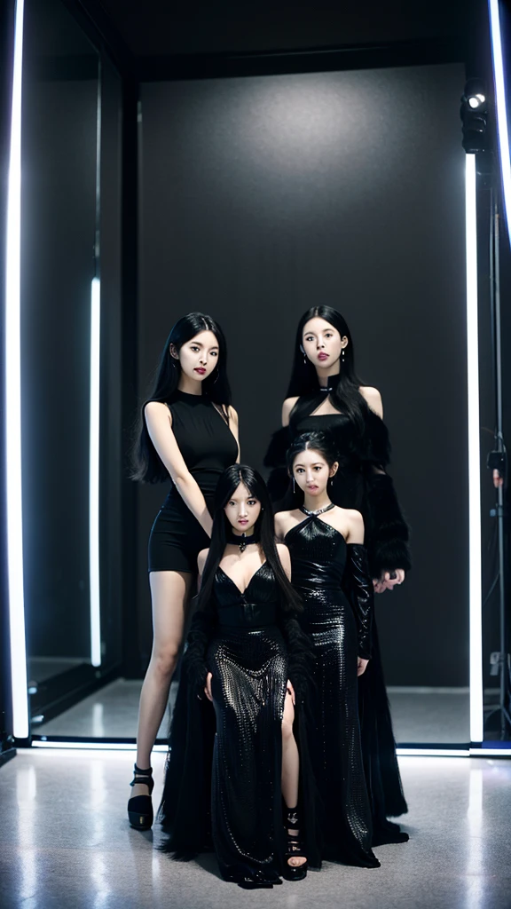 In the black room.Cool Two young Korean women and one Japan woman. They are K-pop singers. All-black costume.they looks like easpa.Fancy makeup.