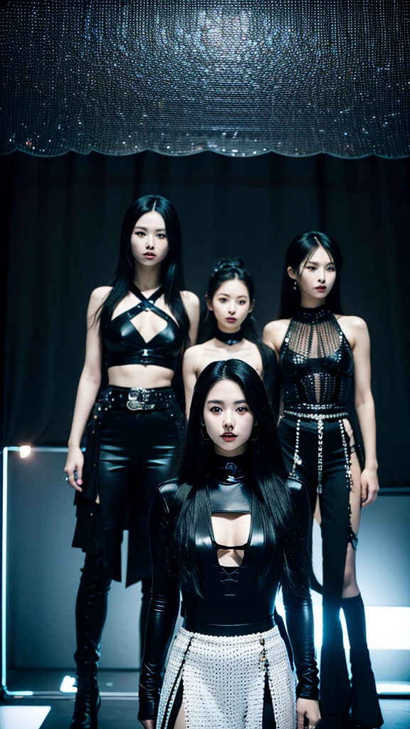 In the black room.Cool Two young Korean women and one Japan woman. They are K-pop singers. All-black costume.they looks like easpa.Fancy makeup.