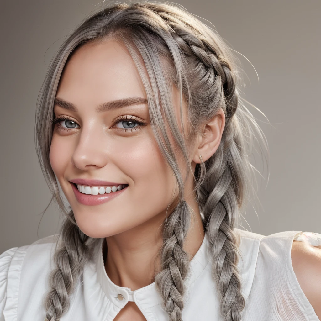Top quality, high image quality, masterpiece, gray hair, golden eyes, white clothes, looking up, upper body, hair strands, fair skin, side braids, smiling, double teeth