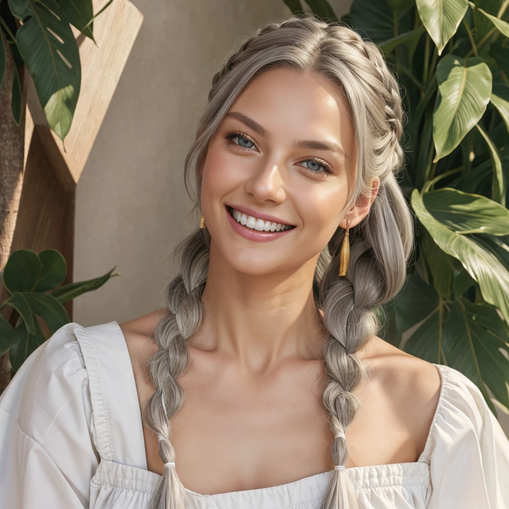 Top quality, high image quality, masterpiece, gray hair, golden eyes, white clothes, looking up, upper body, hair strands, fair skin, side braids, smiling, double teeth