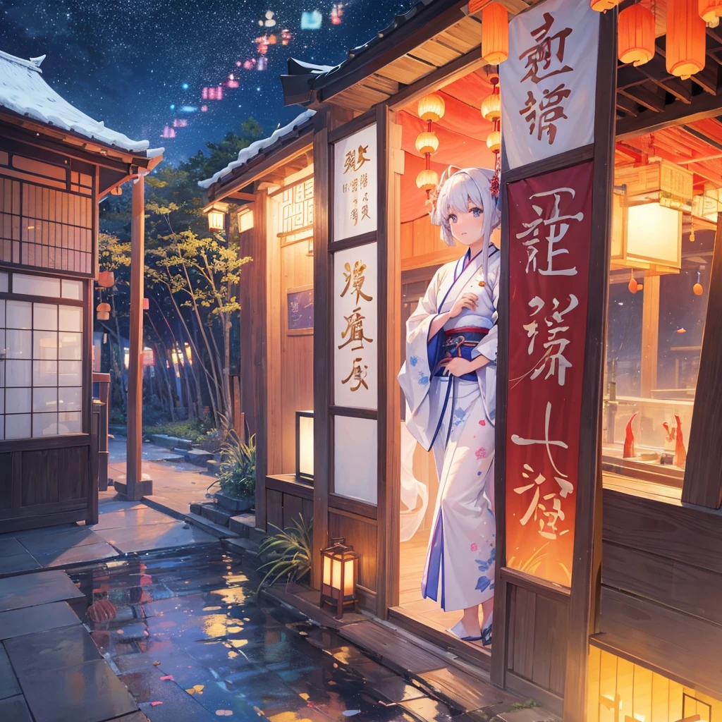 Tanabata in the night sky Girls and men in Chinese style kimonos(lover) Bamboo forest and paper strips Have shaved ice restaurant Multiple display monitors in the background(anime ) Aquarium(Goldfish)