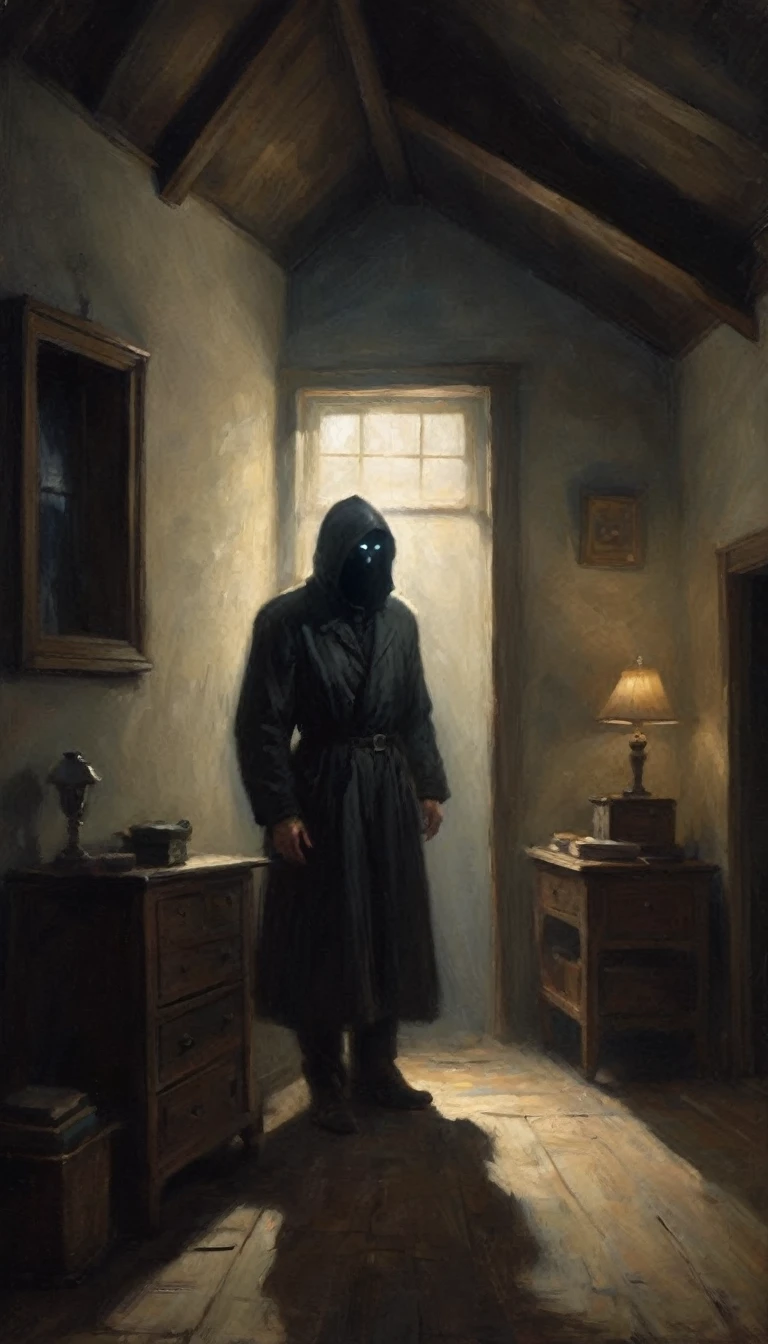 The flashlight beam focuses on a dark figure in the attic's corner. The figure is crouched and indistinct, with only the glint of eyes visible, reflecting the light eerily.