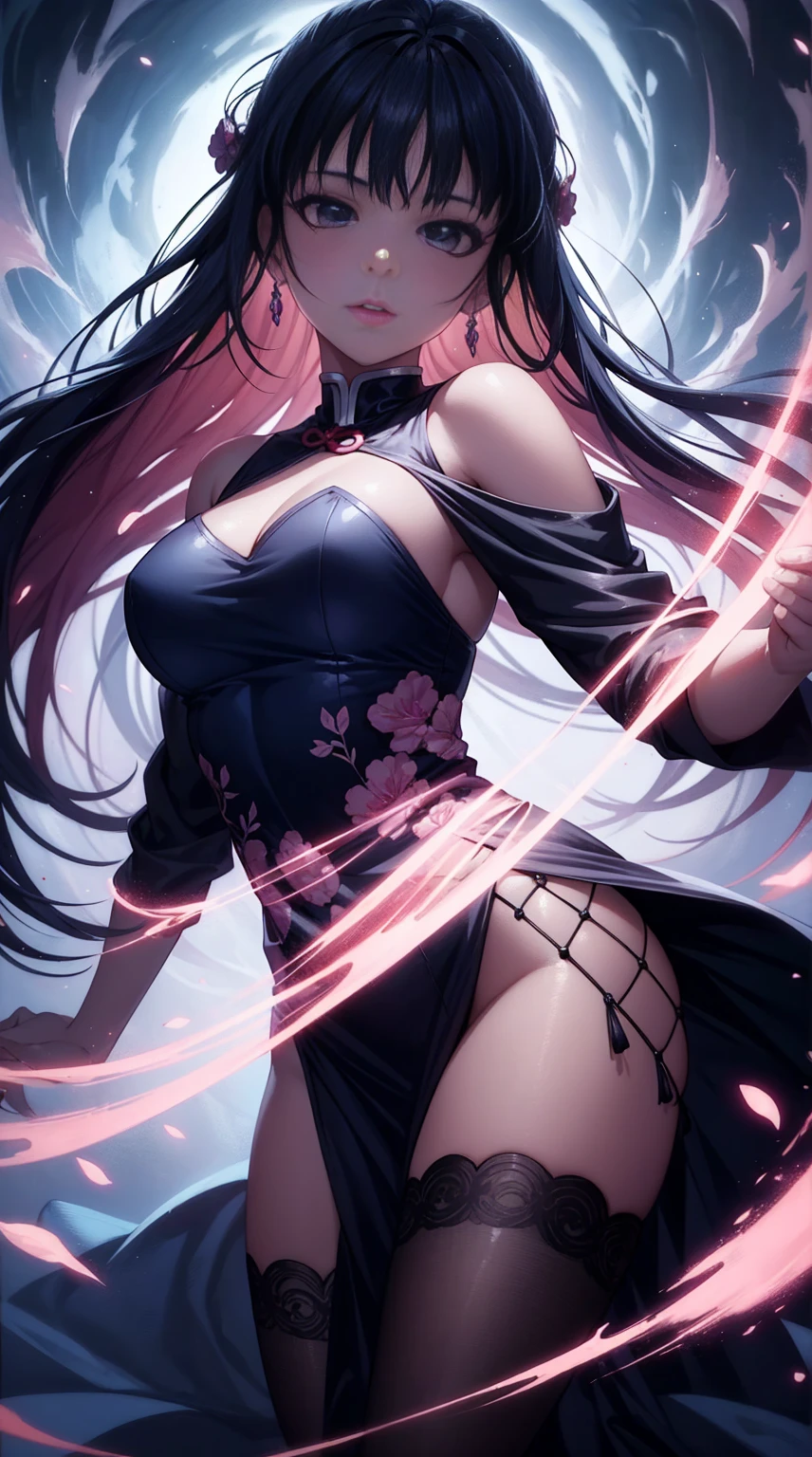 a beautiful young girl in a sexy demon slayer kanao cosplay dress, long flowing hair, detailed facial features, elegant pose, dramatic lighting, cinematic 4k, fantasy art, vibrant colors, digital painting
